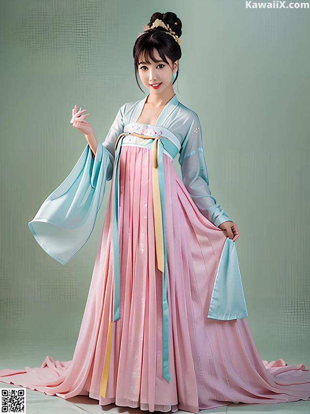 A woman in a pink and blue dress posing for a picture.