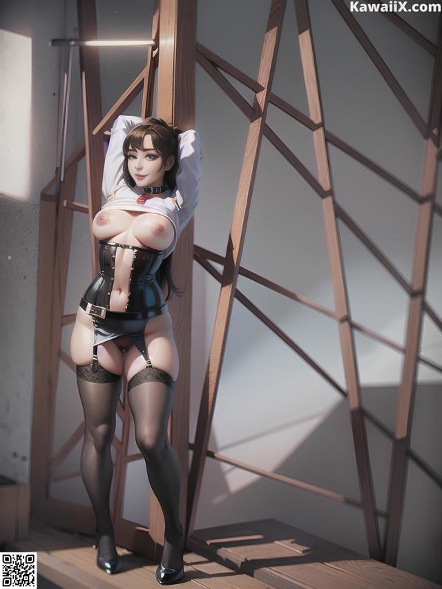 A woman in a corset and stockings posing in front of a window.