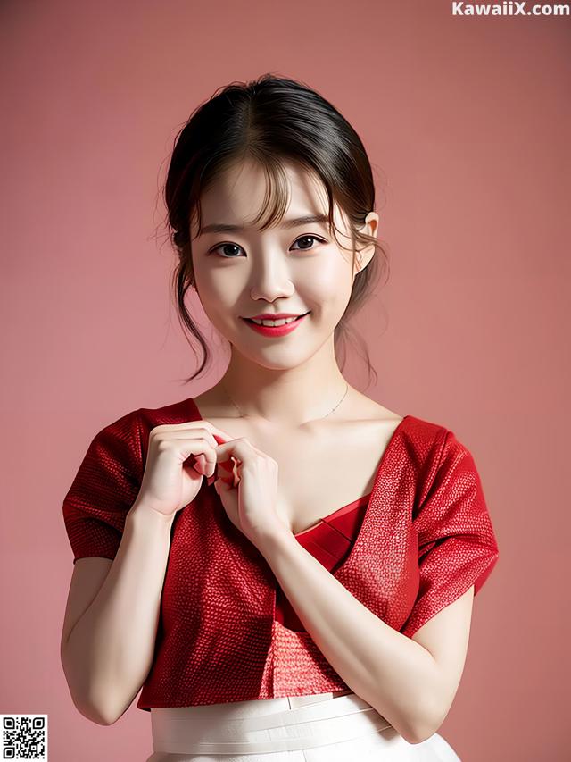 A woman in a red top and white skirt posing for a picture.