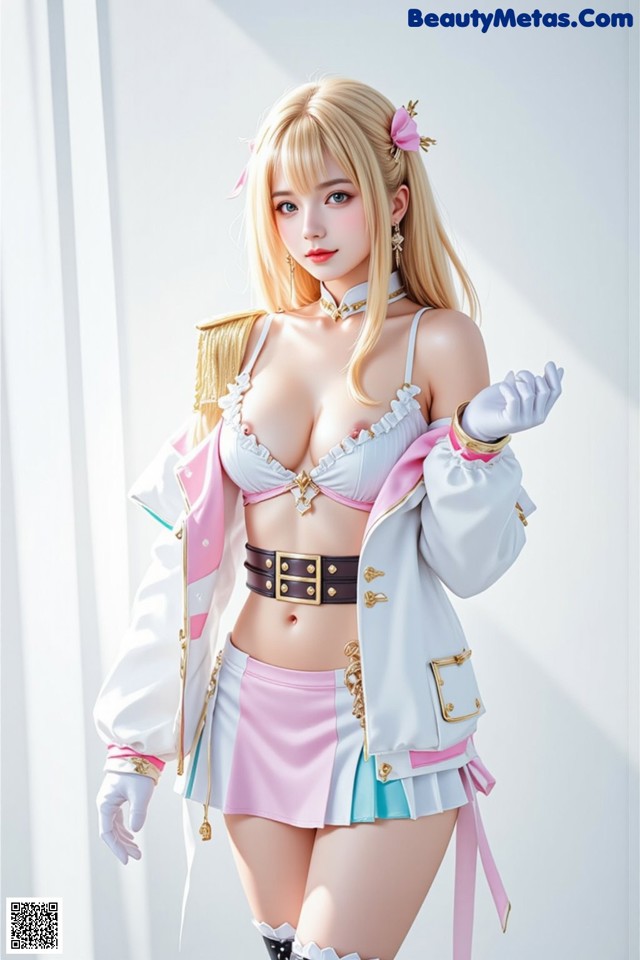 A woman in a white jacket and pink skirt posing for a picture.