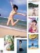 A collage of photos of a woman in a bikini jumping in the air.