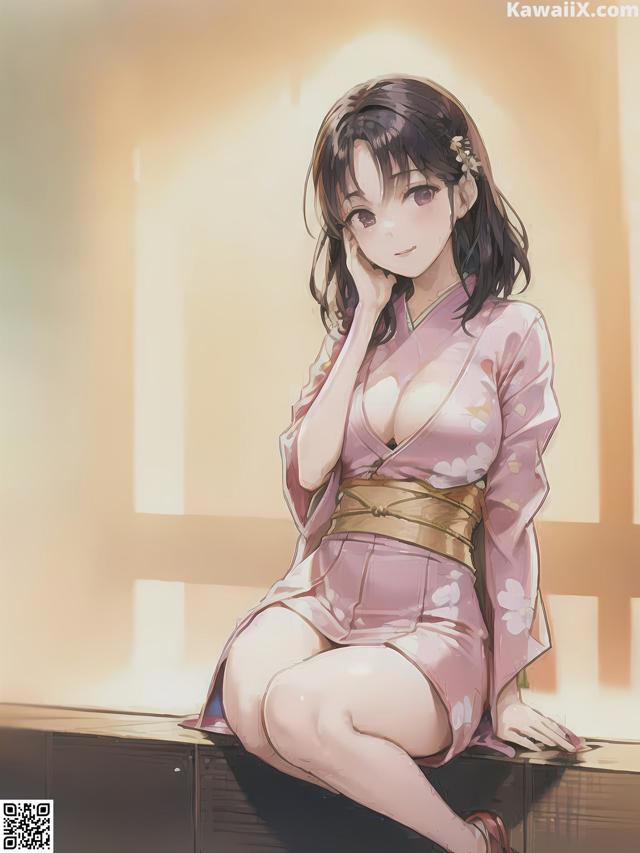 A woman in a pink kimono sitting on a window sill.